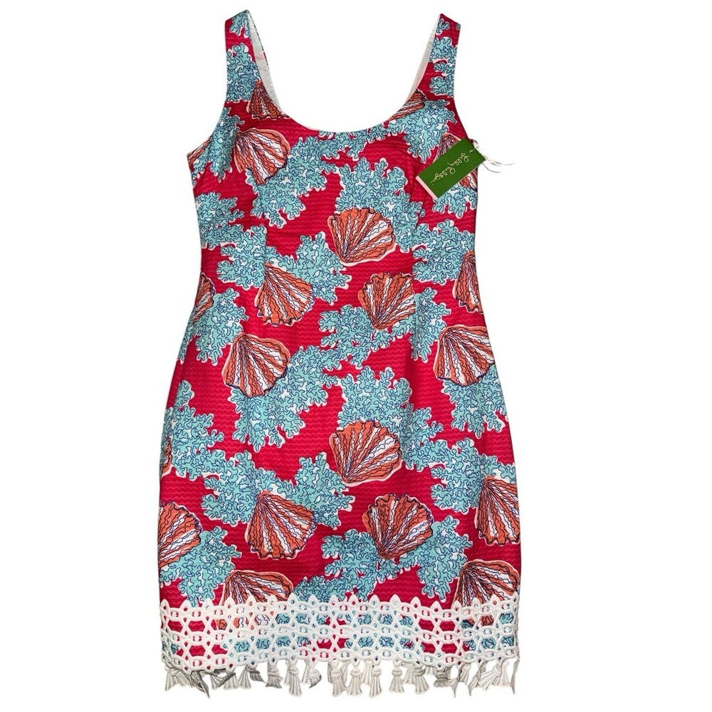 Lilly Pulitzer Coral Shell-Print Mini Dress in Pink and Blue with Crochet Fringe
